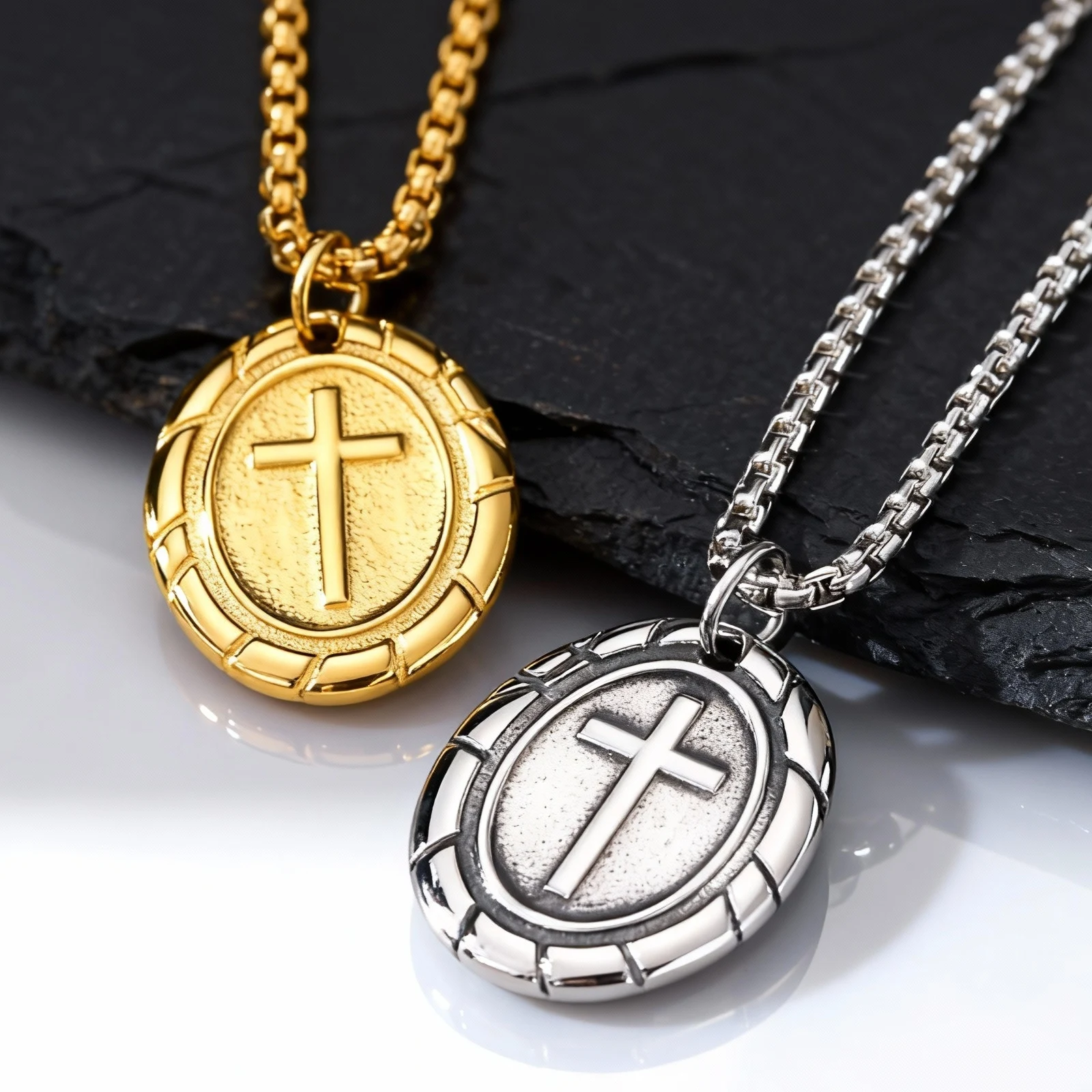 Gold Color Cross Necklaces for Men,Stainless Steel Oval Cross Pendant Necklace,New Punk Religious Faith Collar Gifts - Image 3