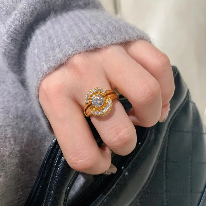 Vintage Light Luxury Double layered Round inlay Diamond  rings for women Unique Charm Couple Style Stacked Ring Wedding Jewelry