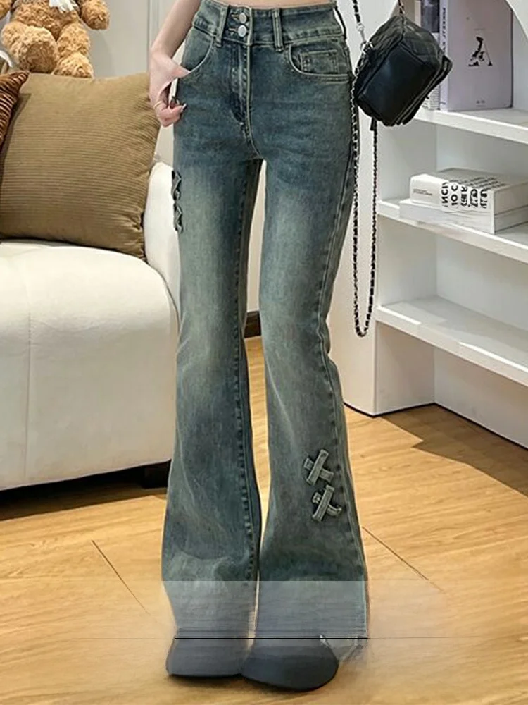 

Ретро американские широкие джинсы небольшого размера с высокой талией, женские осенне-зимние новые расклешенные джинсовые брюки с завышенной талией