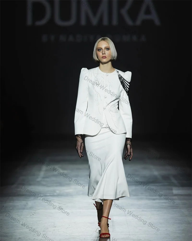 

White Crystals Women Suit Set 2 Pcs Blazer+Prom Dress Autumn Formal Office Lady Jacket Customized Guest Wedding Tuxedos Coat