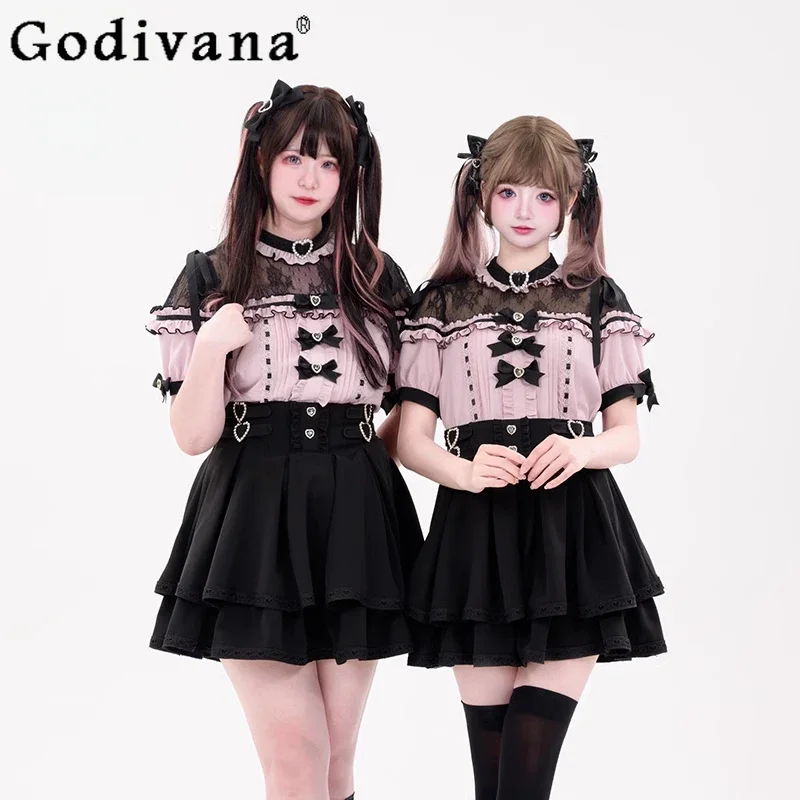 

Original Mine Series Mass-produced Lolita Outifits Women's Bow Lace Sweet Girl Pink Short-sleeved Shirt and Skirt Two Piece Sets