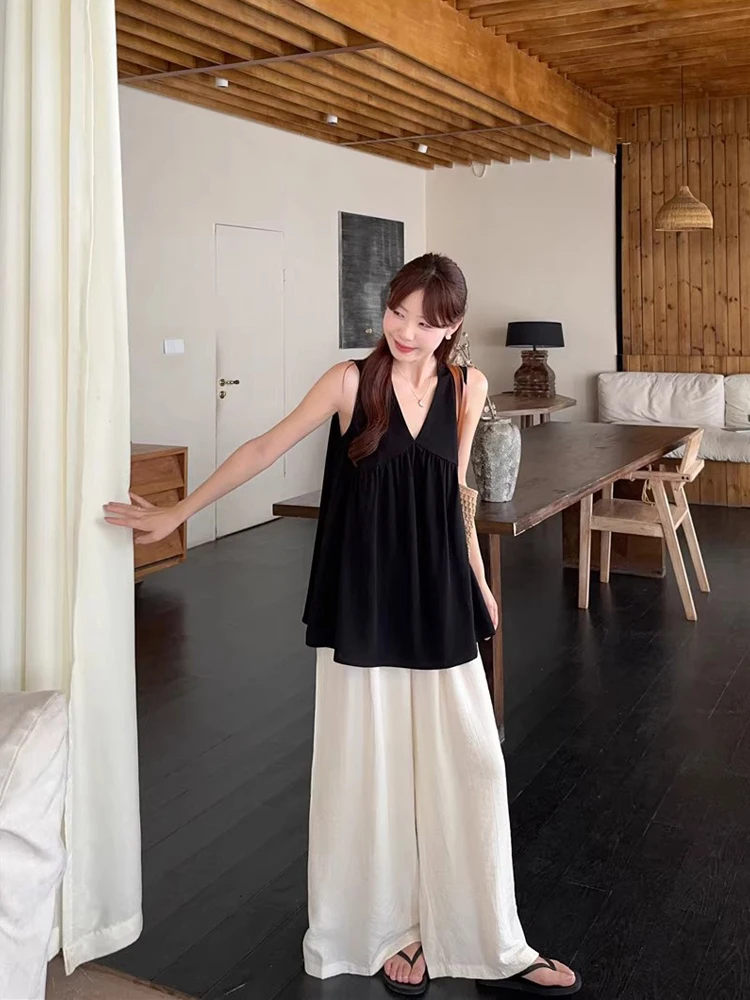 

Loose Feel V-Neck Wide Leg Pants Women's Summer New Fashion Set Casual Style High Waist Trousers Sleeveless Top Bottoms