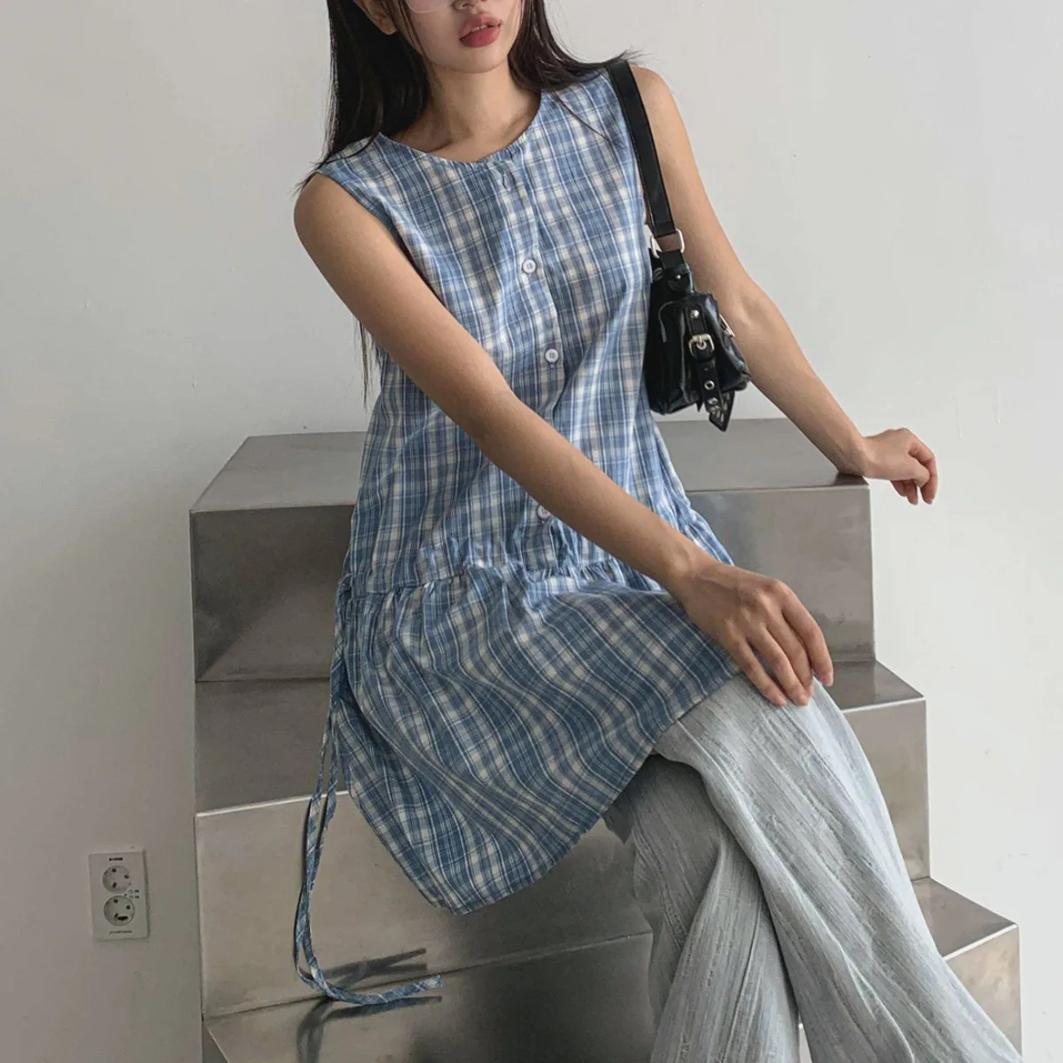 Gilet d'été Dr femme ample Agel rétro Plaid Dstring Svel jupe trapèze confortable respirant décontracté Dr