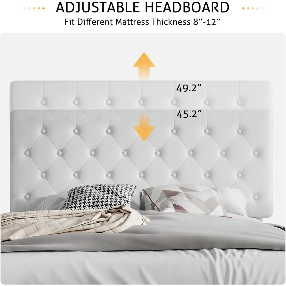 هيكل سرير بحجم كوين من SHA CERLIN مع لوح رأسي معنقدة بزر، كريم أساس مرتبة منجد من الجلد الصناعي، إطار سرير بمنصة،