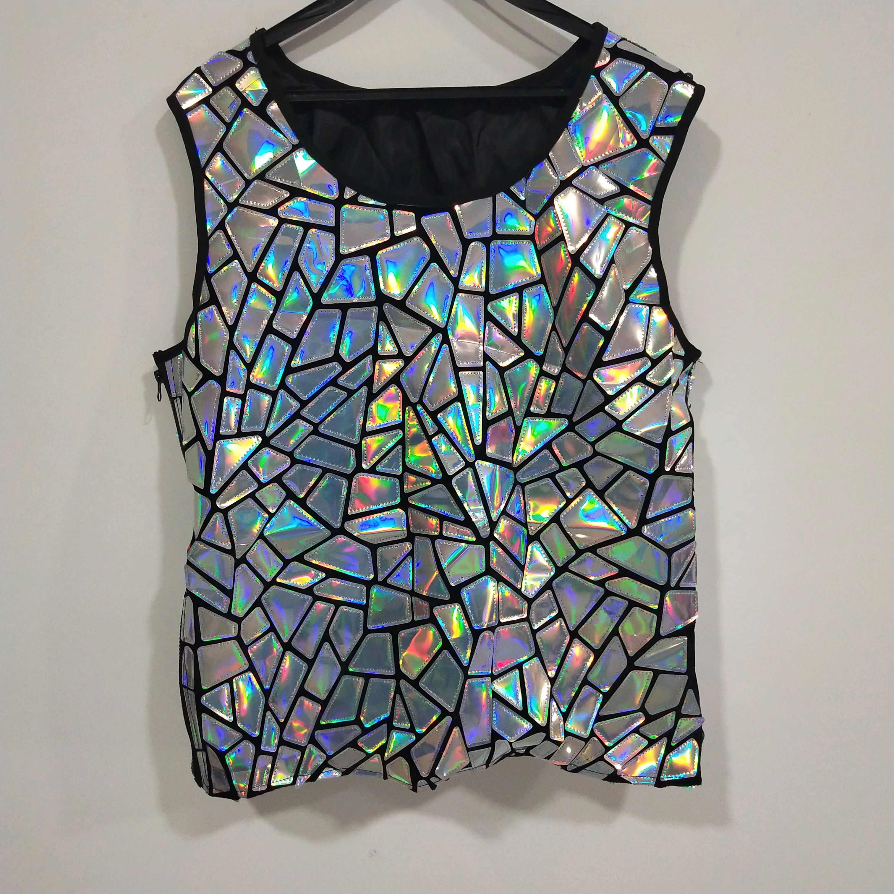 

Silver Sequins Laser Vest Mirror surface Nightclub Male Carnival Party Show Performance Clothes Sleeveless Tops Dancer Costume