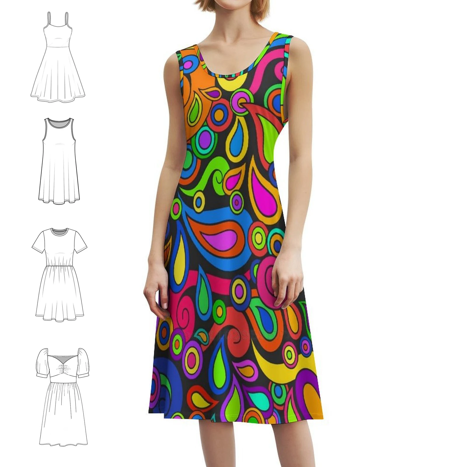 

Hand Drawn Retro Vintage Funky Design Women's Hip Hop Streetwear Dress Graphic Print Party Club Wear Hippie Flower Vector