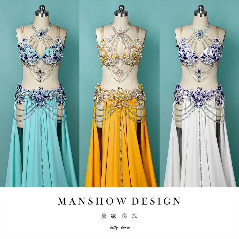 Customized Belly Dance Performance Costume Female Sparkling Diamond Tassel Wrapped Chest Big Swing Skirt Set