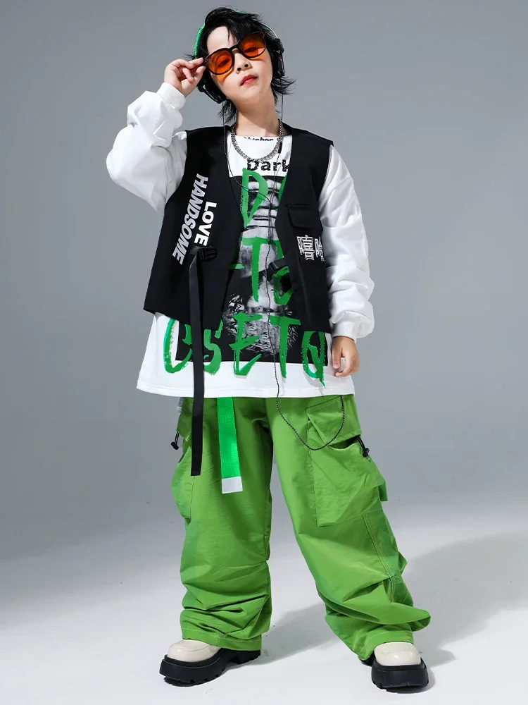 Vêtements de danse de rue Hip Hop pour garçons, chemises blanches, pantalons verts, olympiques de jazz pour enfants, vêtements de performance