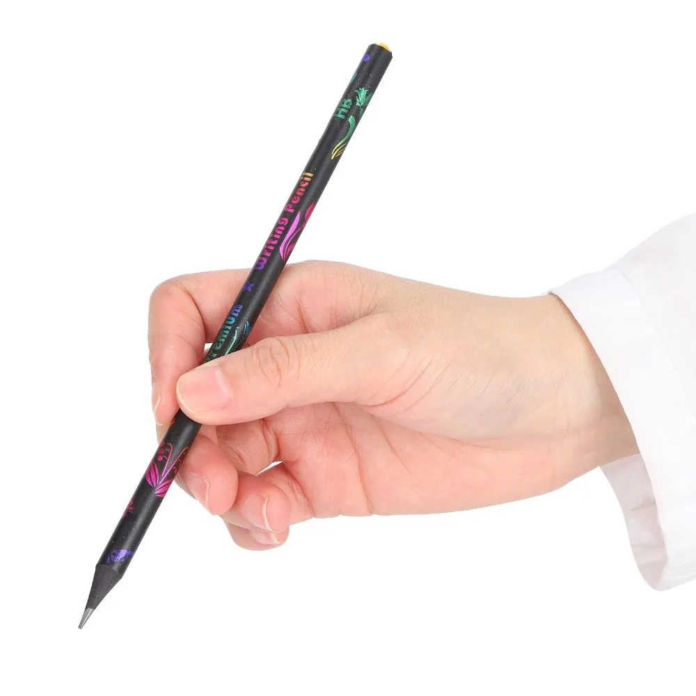 12PCS Safe Black Wood Pencil Black Wood HB Cartoon Print Pencil Rhinestone Decor Pencil Drawing