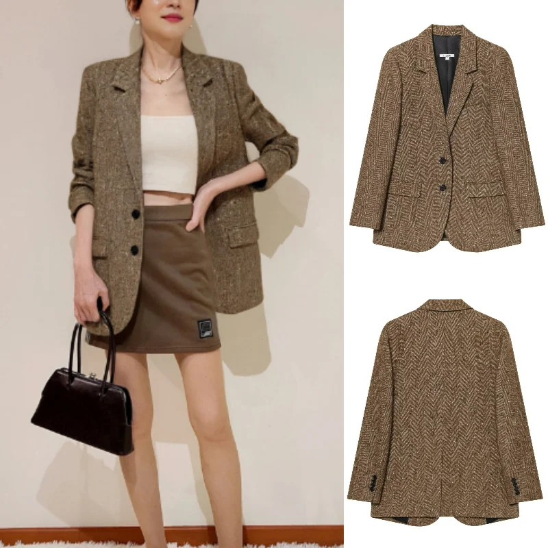 

Осенняя мода 2025 года, модный сексуальный женский смешанный пиджак с узором «елочка»