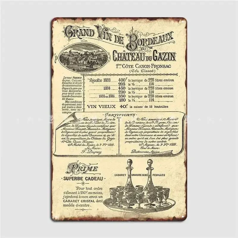 Vin De Bordeaux 1888, Metallplakette, Poster, Pub-Wandbild, lustige Wanddekoration, Blechschild, Poster