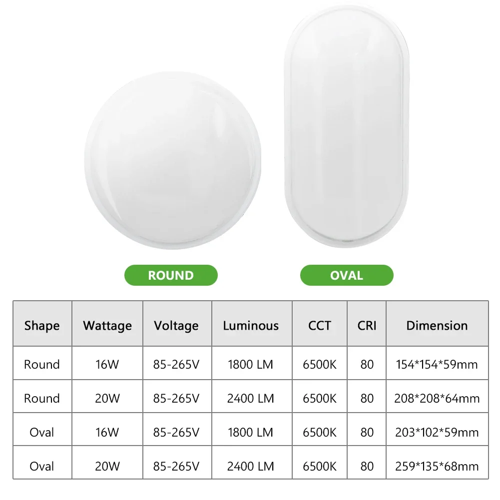 16 واط 20 واط في الهواء الطلق وحدة إضاءة LED جداريّة مصباح حديقة الشرفة سطح شنت البيضاوي الشمعدان الإضاءة الحمام الرطوبة ضوء السقف AC85-265V