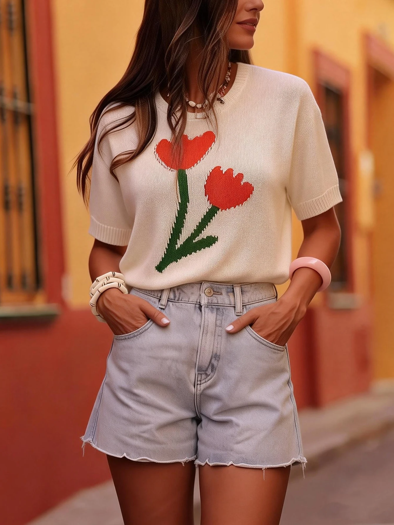 European and American Style Spring and Summer Women's Round Neck Short-Sleeve Knit Top, Fresh Tulip Jacquard Loose Knit T-Shirt, Easter Holiday Casual Pullover, Retro Pastoral Style Simple Versatile Daily Commute Slim-Fit Lightweight Knit Women's Clothing