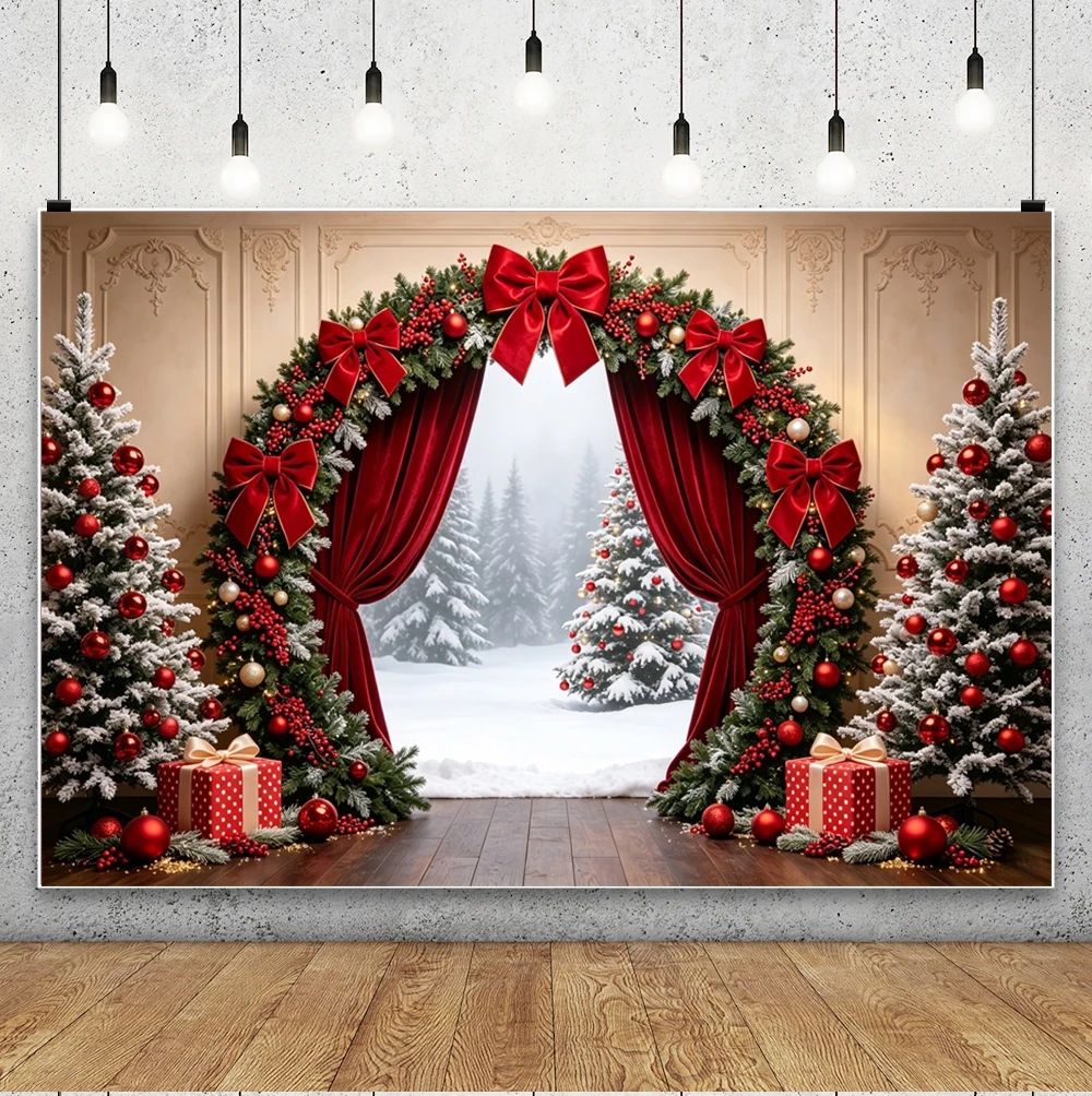 Winter Christmas Photography Background Arch Door Red Velvet Curtains Bows Family Kids Portrait Xmas Party Photocall Backdrops