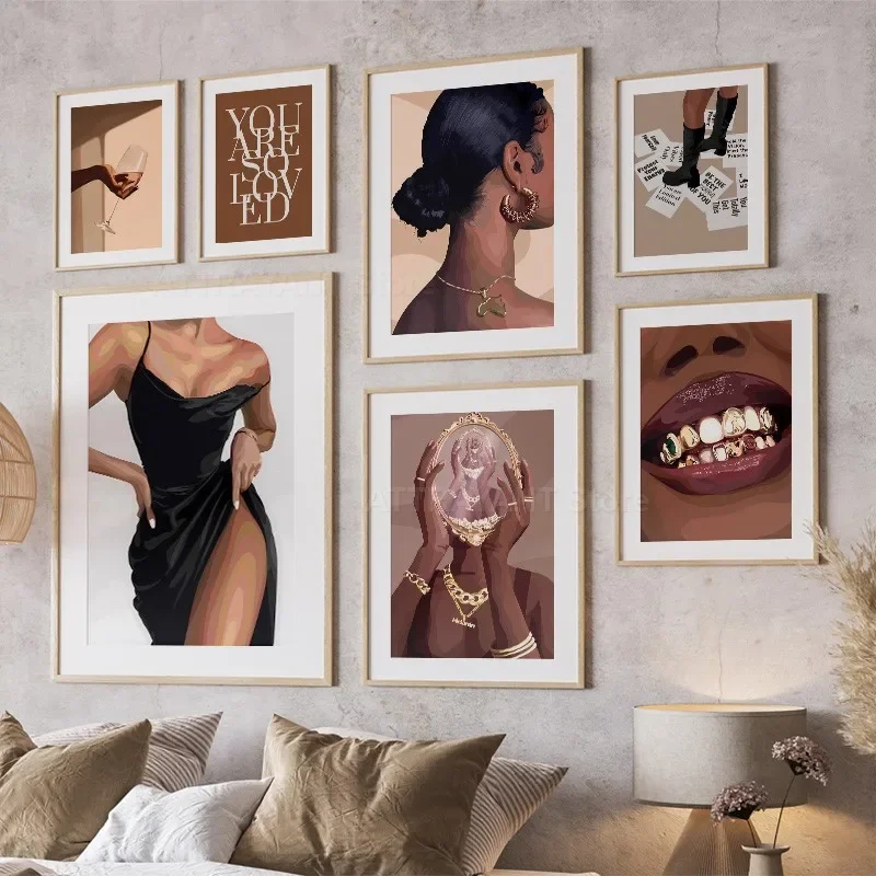 Fashion Black Girl Diamond Teeth Nail Jewelry Gold Pop Art Canvas Painting Poster And Prints Wall Pictures For Living Room De