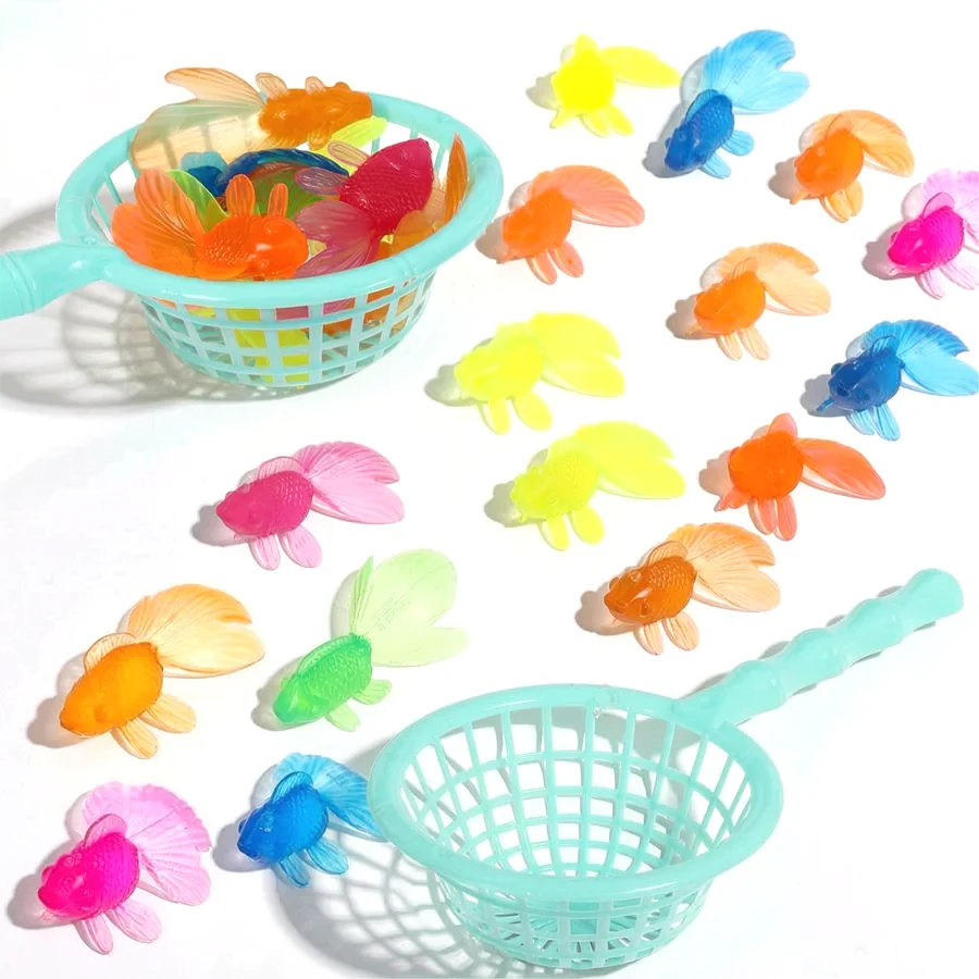 6/14pcs Floating Goldfish & Fishing Net Set, Pet Cat Toy Summer Swimming Party Desktop Ornament Fish Tank Pool Bathtub Decor XJM