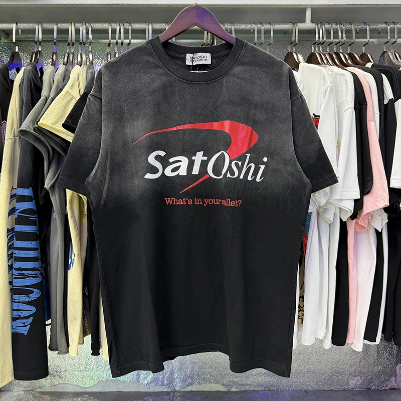 New Arrival SATOSHI NAKAMOTO Men Casual T Shirt Washed Distressed Curved Slogan Art Letter Graphic Loose Short Sleeve Tee