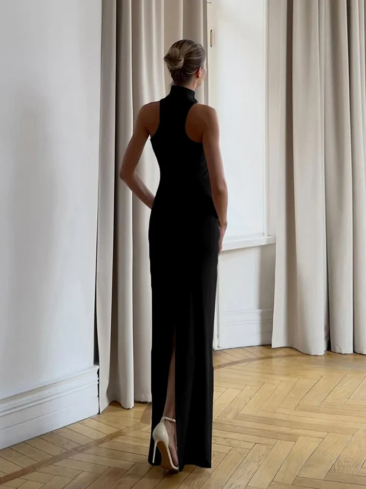 Vestido largo para mujer, vestido clásico de calle con cuello levantado, vestido largo sin mangas, tendencia femenina, Vestidos de noche elegantes