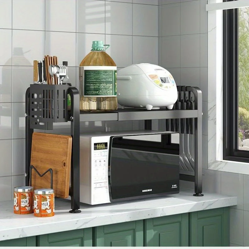 

Expandable 2-Tier Kitchen Storage Rack for Microwave and Oven | Black Metal Countertop Organizer with Open Storage Shelves