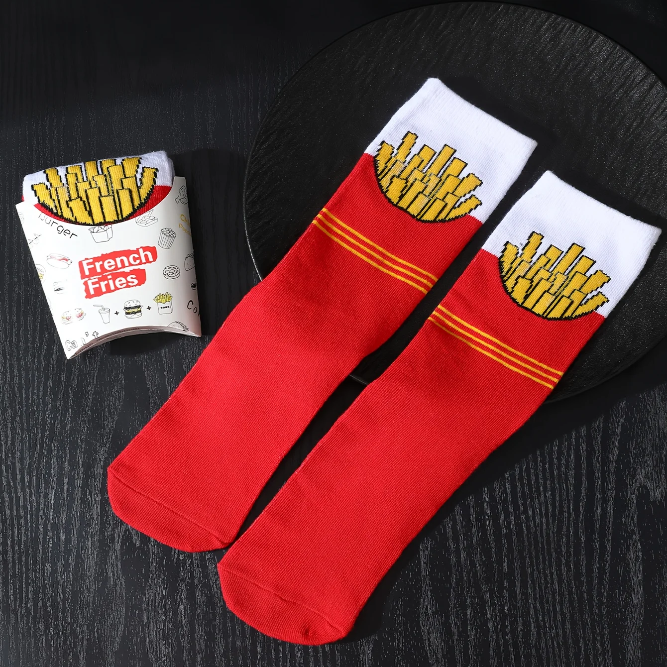 A pair of novelty and fun red fries pattern gift socks, leisure versatile.suitable for Halloween Christmas Valentine\'s Day Gifts