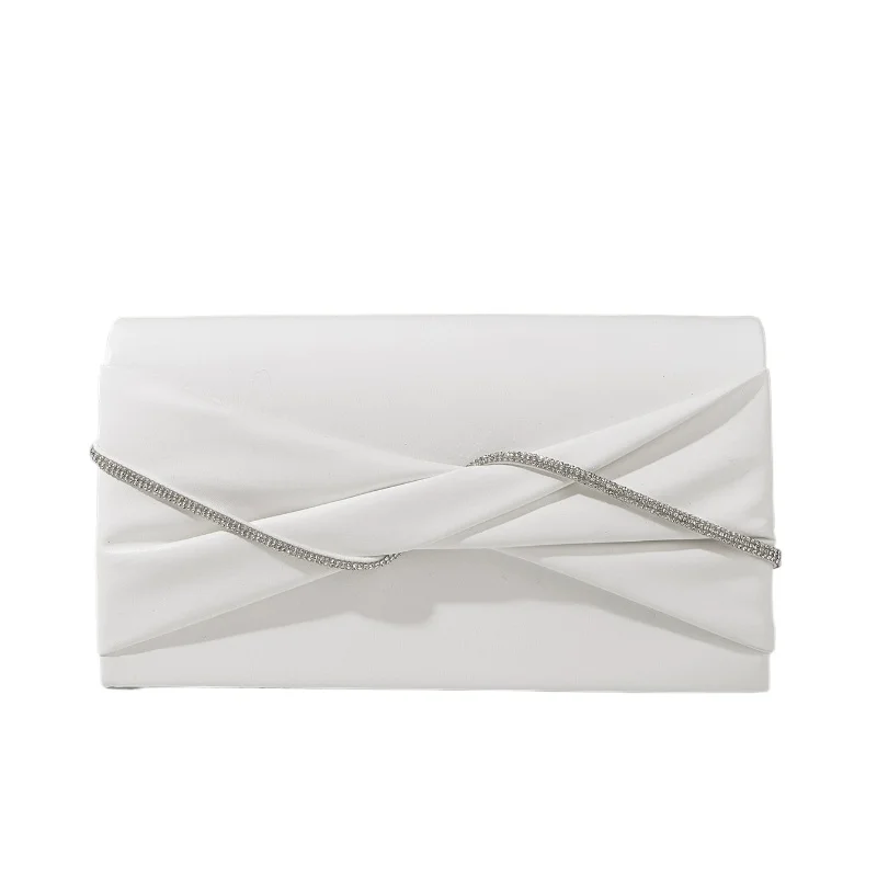 

White Pleated Knotted Rhinestone Wedding Purse Women's Elegant Banquet Party Bridal Bags with Crossbody Shoulder Square Handbag