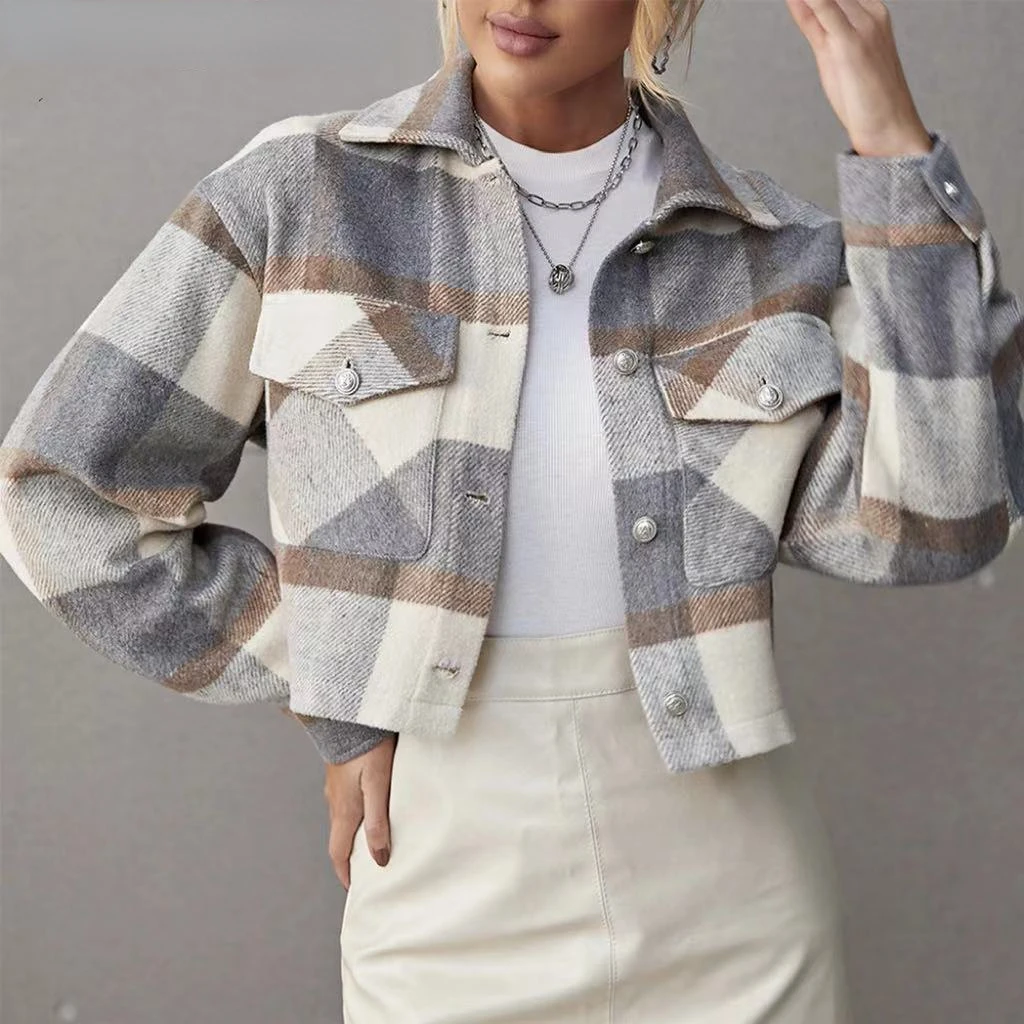 

2023 New Winter Jackets Women Coat Lapel Plaid Single-Breasted Woolen Short Coat Autumn Plaid Print Drop Shoulder Crop Overcoat