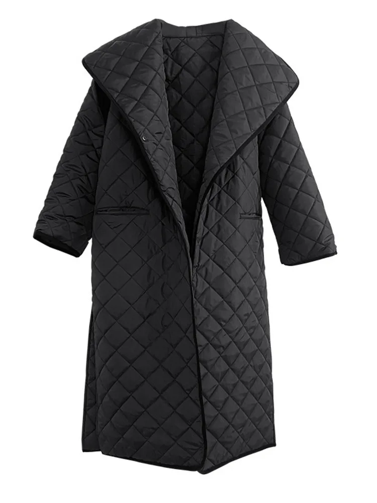 [LANMREM] Cotton Padded Coat For Women Long Sleeve Big Lapel Loose Style Rhombic Pattern Black Parkas Fashion Winter CP2161