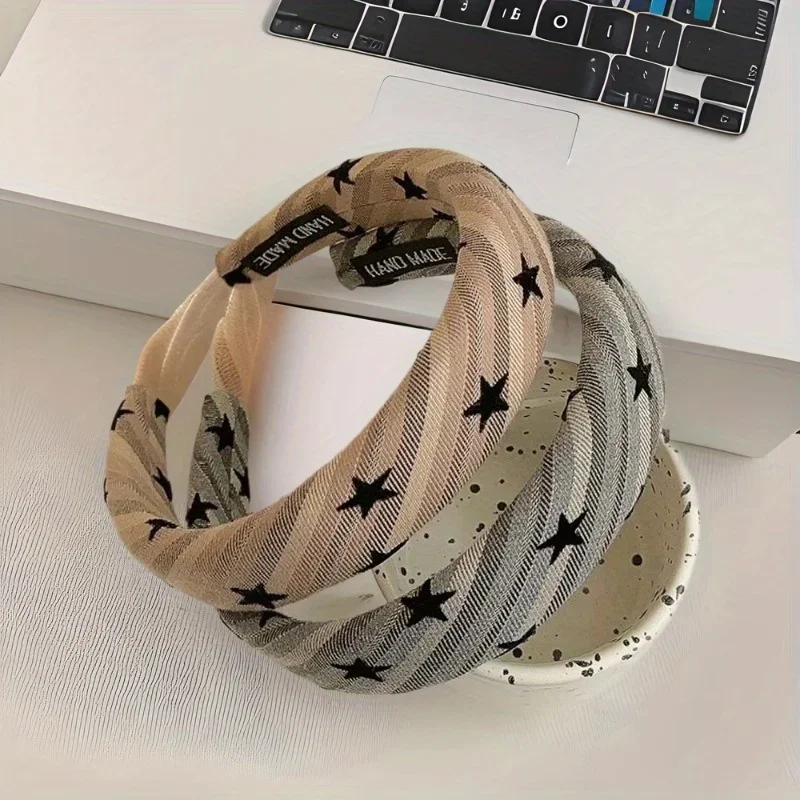 French High Crown Headband Hairband Hair Hoop Star and Stripe Pattern Wide Retro Chic for Women Girls Party Daily Hair Headwear