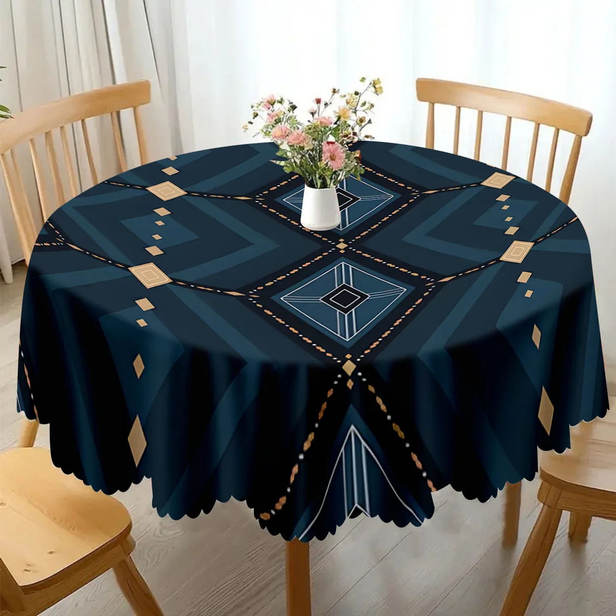 One polyester tablecloth - Artistic geometric diamond-shaped line print in dark blue and gold navy colorxzj