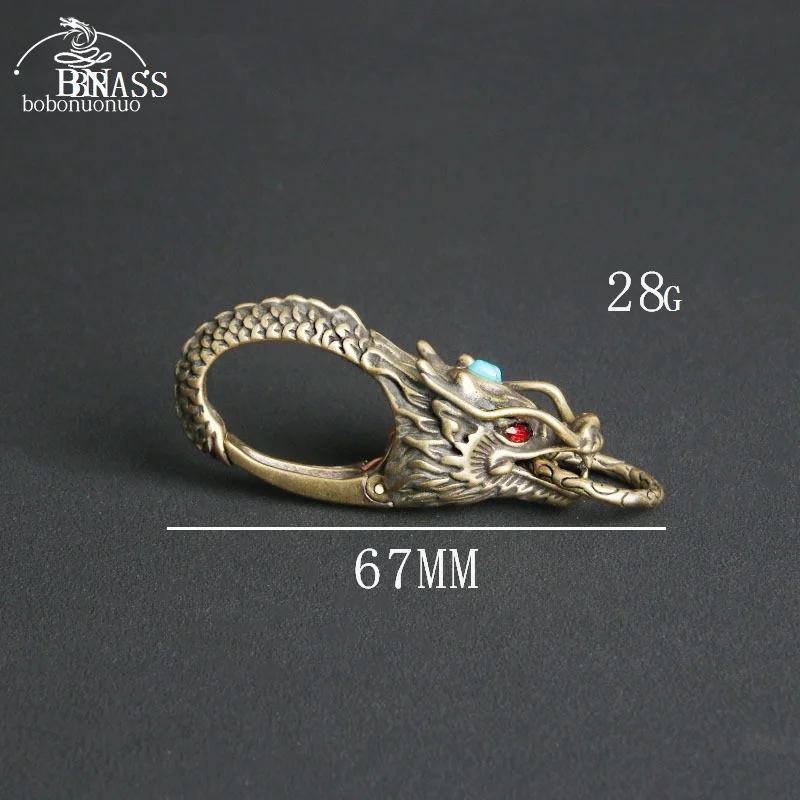 Copper Dragon Head Car Keychain with Ring Vintage High-end Dragon Brass Keyring Pendant Luxury Men Spring Key Chain Accessories