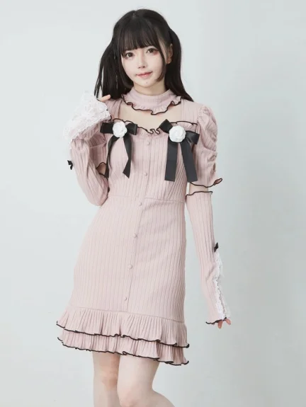 Japan Style Sweet Lolita Knitted Dress Women's Slim Fit Elegant Bow Lace Pink Knitwear Long-sleeved Dress Autumn and Winter