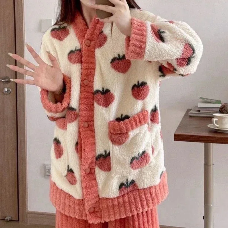 Peach Print Sleepwear Women Pajamas Set Winter Fleece Velvet 2 Pieces Home Suit Sleep Fluffy Korean Piiama Warm Night Wear
