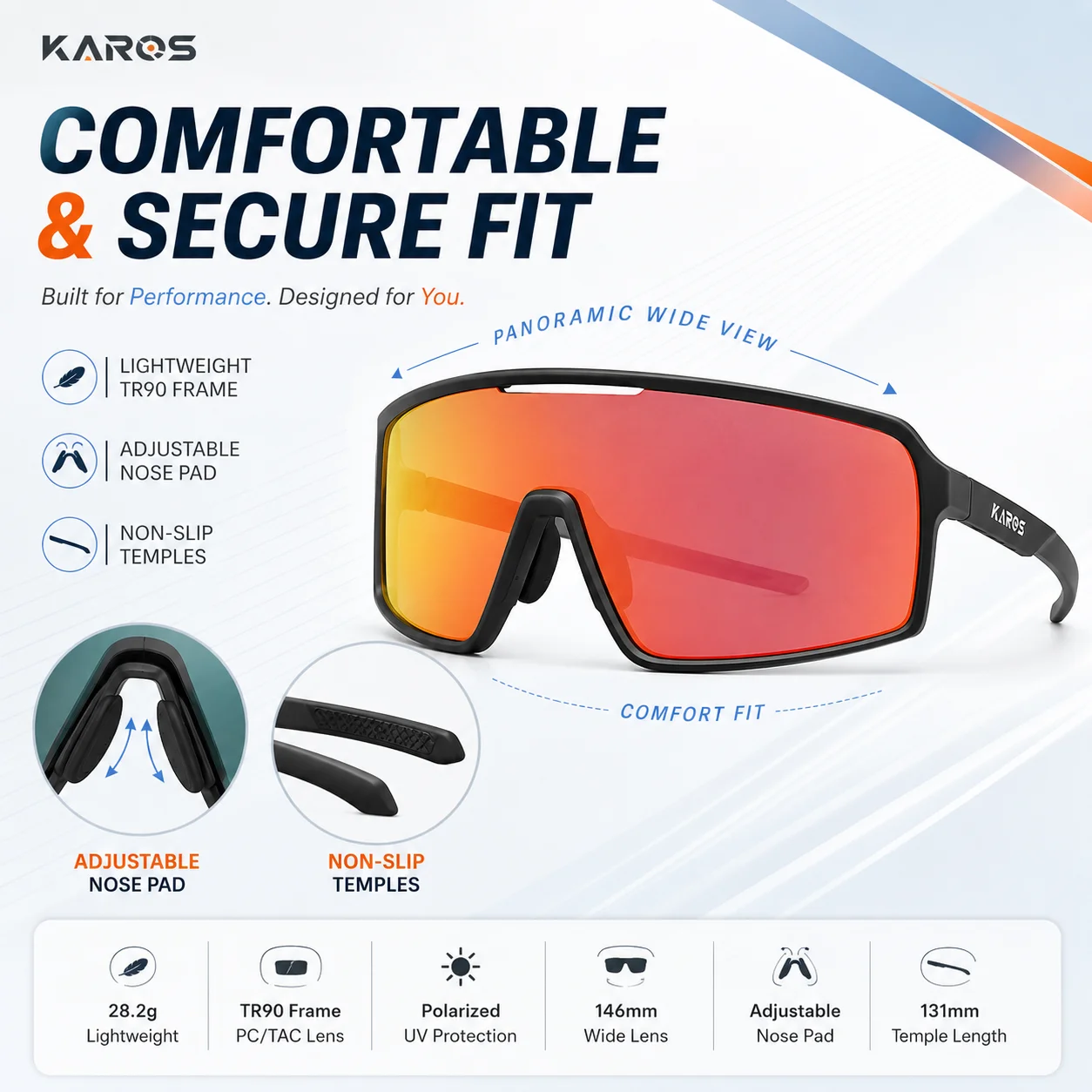 KAROS K04 Polarized Cycling Glasses UV400 3 Lens Set with Prescription Insert for MTB Fishing Running Hiking