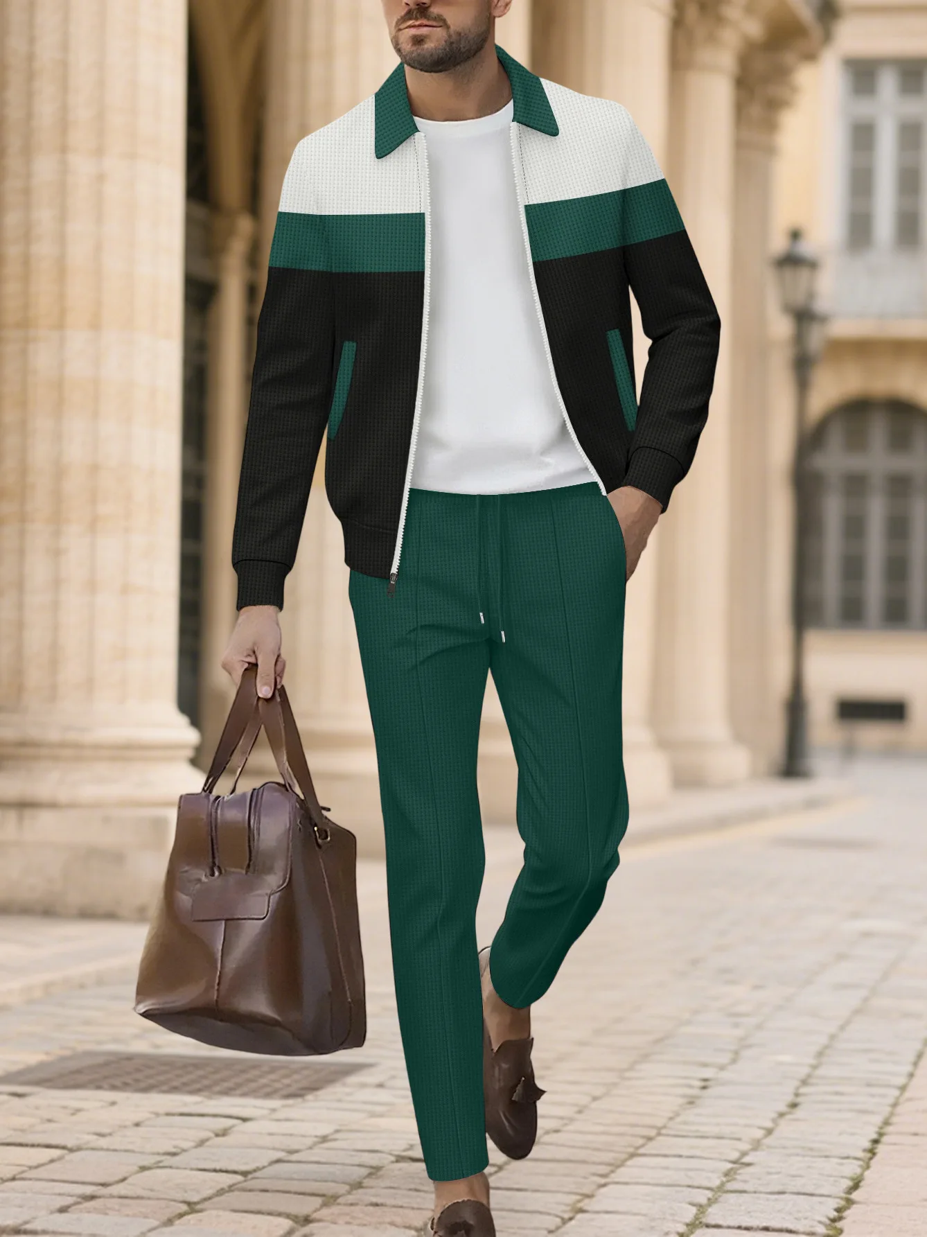 

Men's Autumnal Color Blo Zipper ket Open Cardigan And Pants Set Casual Long Sve Leisure Sportswear for Middle-Aged