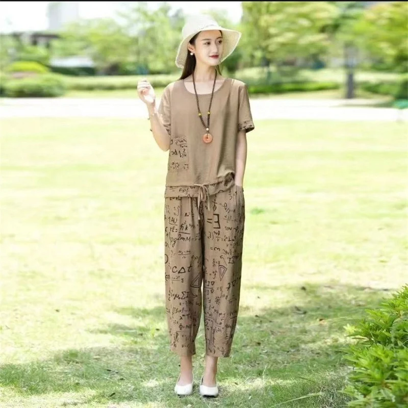 Fashion Cotton Linen 2 Two Piece Set Womens Summer Casual Short Sleeve T-Shirt Top Harlan Cropped Pants Suit