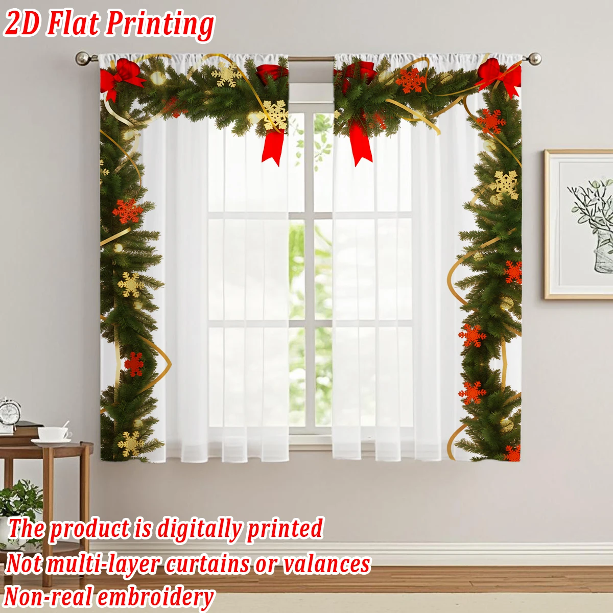 ستارة شفافة للمطبخ بطباعة مسطحة لعيد الميلاد مع زخرفة ندفة الثلج لعيد الميلاد فرع الصنوبر لحفلات ديكور المنزل في عيد الميلاد