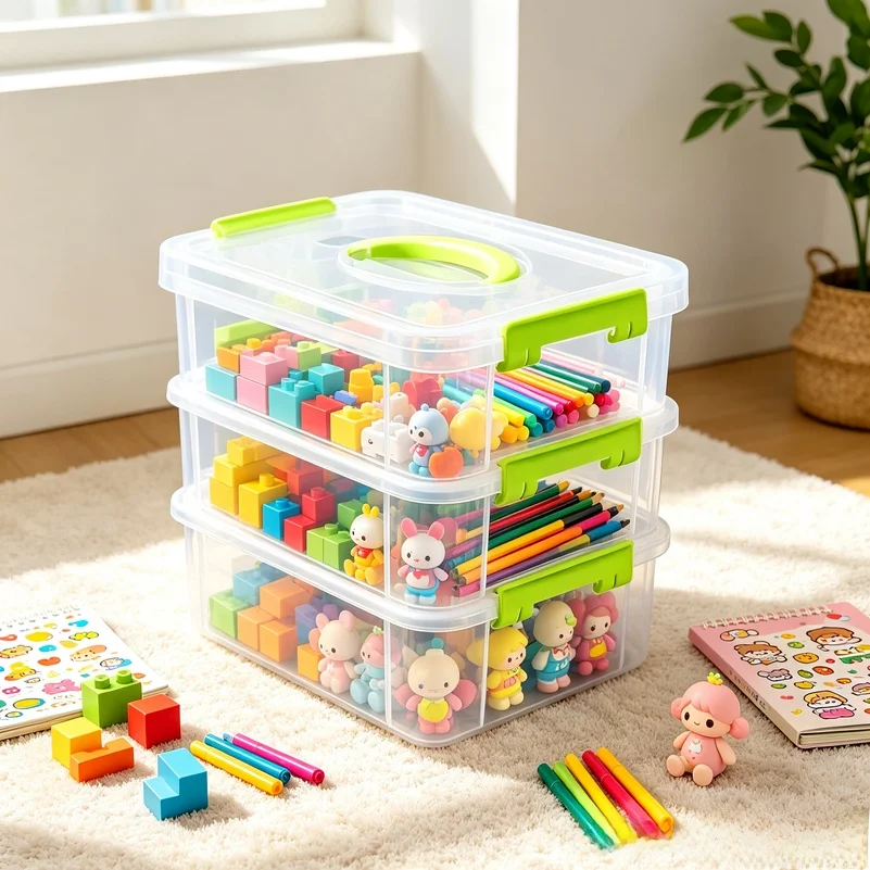 Portable 4-Layer Transparent Plastic Storage Box Covered Partition Drawer Organizer Building Blocks Toy Small Items Storage Case