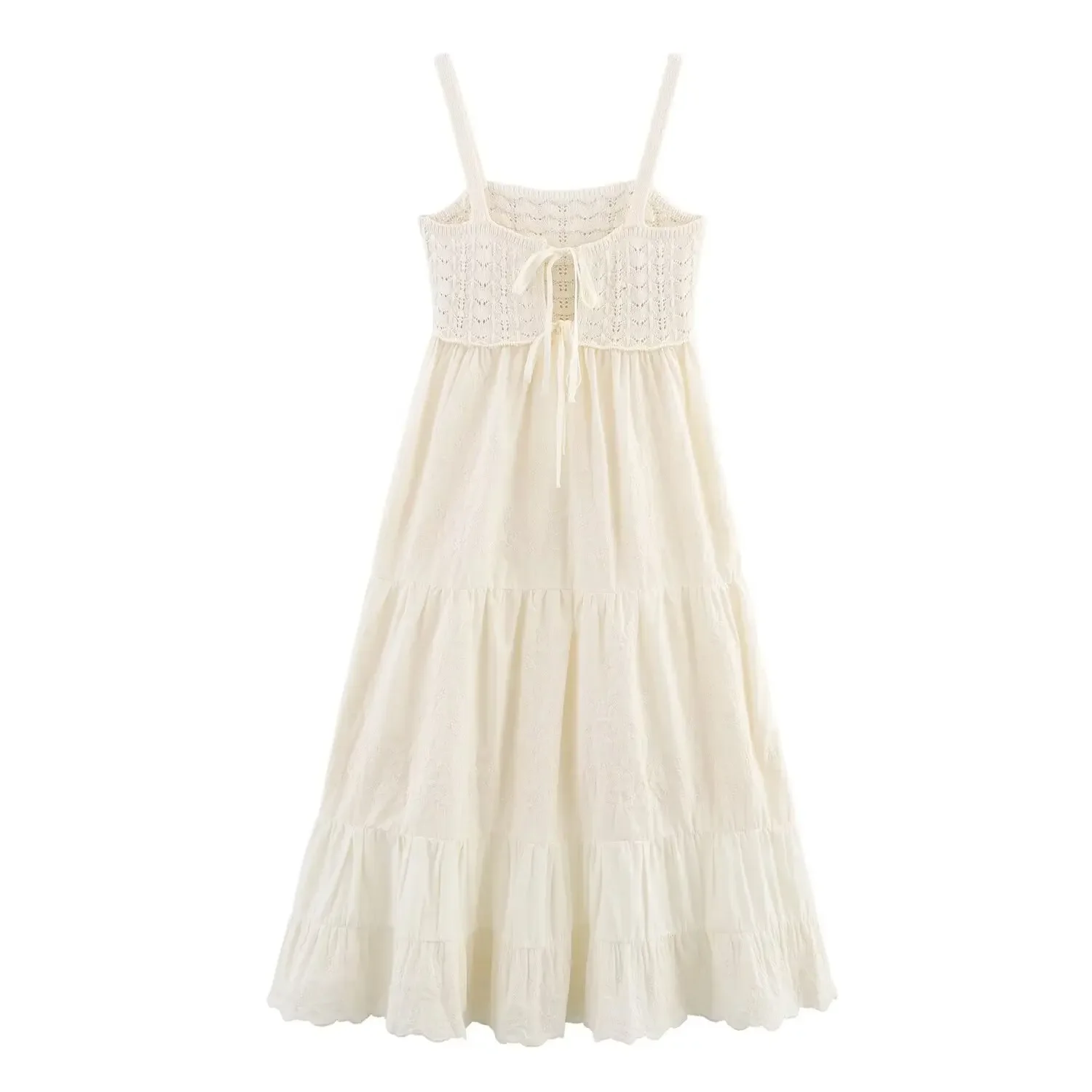 Dames Borduurwerk Patchwork midi-jurk Mouwloos Rugloos Sexy Strand Stijl Losse mid-taille Veterjurk Zomer Nieuwe Vrouwelijke Chique Jurk