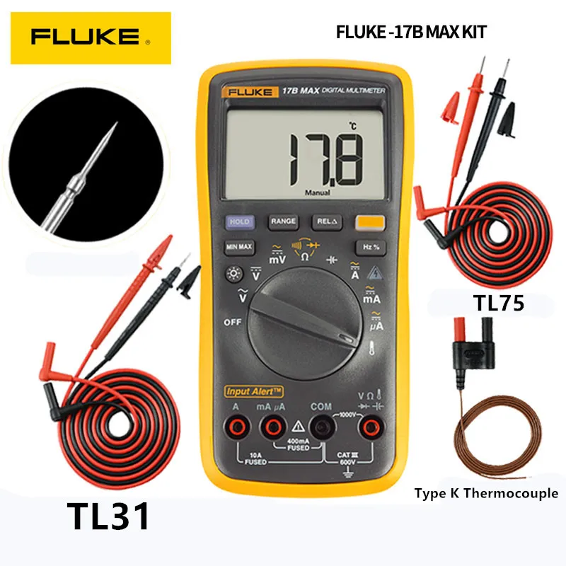 فلوك 15B ماكس 17B ماكس كيت مقياس رقمي متعدد DMM إنذار مسموع/مرئي التيار المتناوب/تيار مستمر الجهد الحالي السعة أوم جهاز قياس درجة الحرارة
