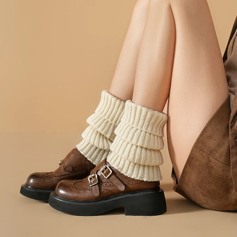 BEAUTODAY Retro Loafers Women Calfskin Solid Color Round Toe Brogue Style Hook & Loop Slip-On Ladies Monk Shoes Handmade 26695