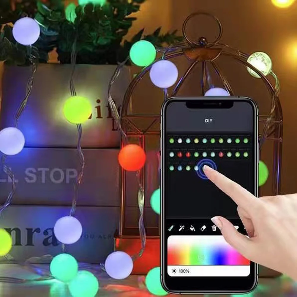 New USB rgb magic light string app Bluetooth Christmas holiday decoration camping light magic dot control round ball LED string