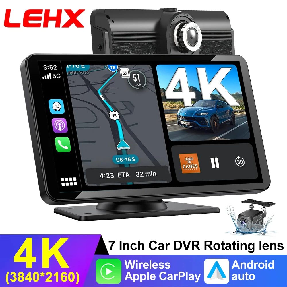 

Видеорегистратор LEHX Dash Cam 7 дюймов 4K с беспроводным CarPlay, Android Auto, GPS-навигацией, двумя камерами и функцией записи при движении задним ходом