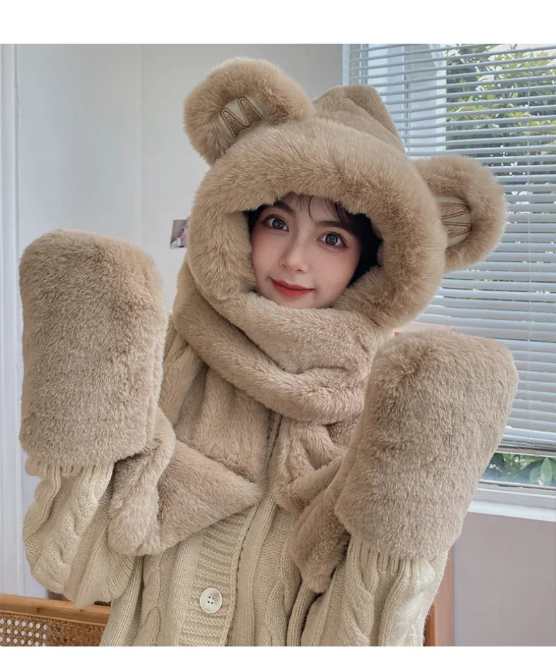 Cute Bear Ears Hat Female 2023 Winter New Style Thickened Warm Plush Scarf All-in-one Hooded Scarf Three-in-one