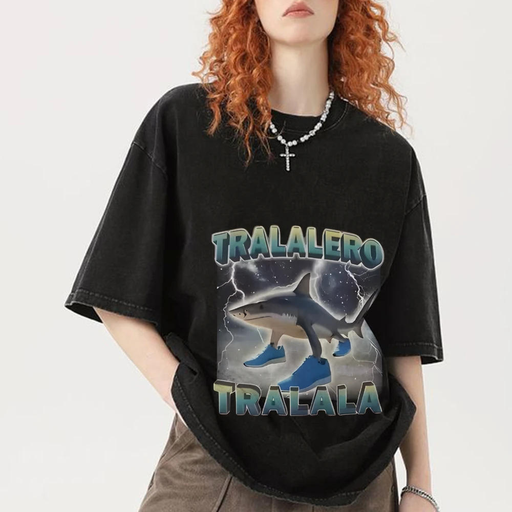 Tralalero Tralala chaussure requin graphique t-shirt Meme ludique enfants surdimensionné lavé chemise hommes femmes confort haut de couleur portant