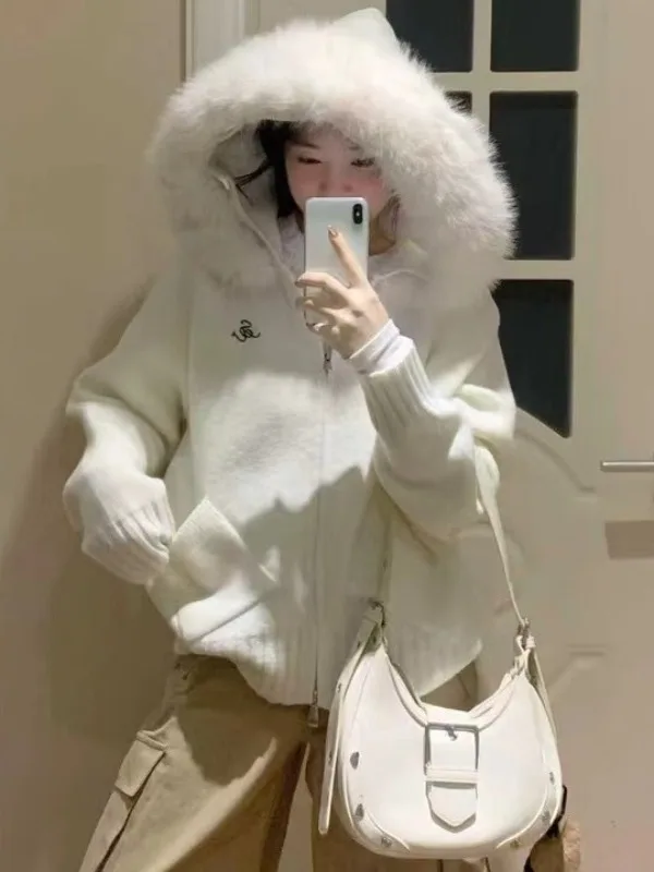 Zachte, gezellige luie Sle dames gebreide mutsjas met bontkraag Casual all-match open vest trui voor herfst en winter