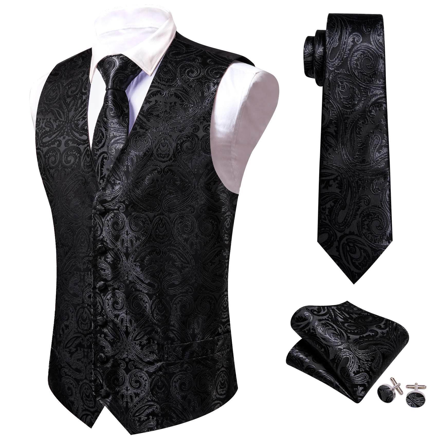 Men's Vest Tie Set 4PC Paisley Floral Jacquard Waistcoat and Necktie Pocket Square Cufflinks Vests for Suit Tuxedo Wedding Black