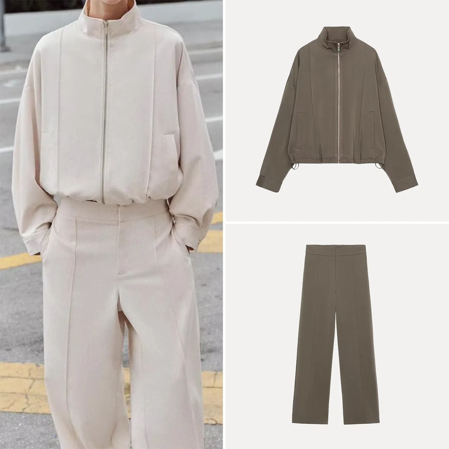 Women's Pilot Jacket Coat High Waist Straight Leg Pants Stand Collar Geometry Line Decorated Fashion Set Long Sleeve Spring A...