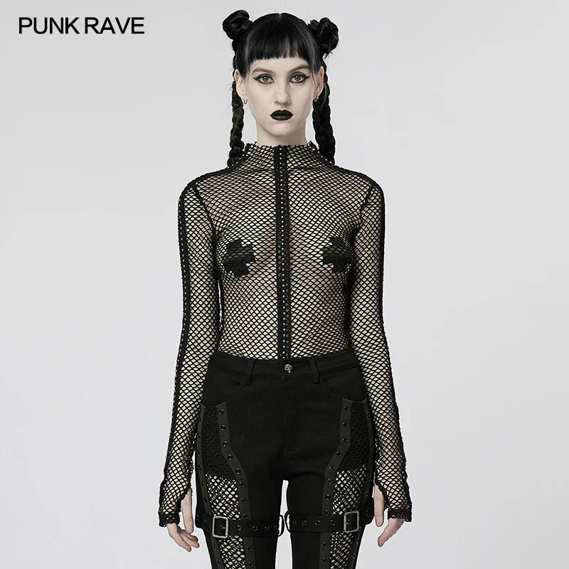 

PUNK RAVE женская тонкая сексуальная перспективная эластичная сетчатая футболка в стиле панк Gotic Club индивидуальные черные топы весна/лето женская футболка