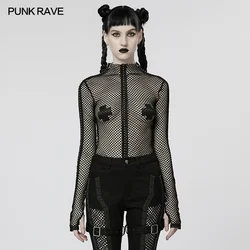 PUNK RAVE Women's Punk Slim Sexy Perspective Elastic Mesh T-shirt Gotic Club Personality Black Tops Spring/Summer T Shirt Women
