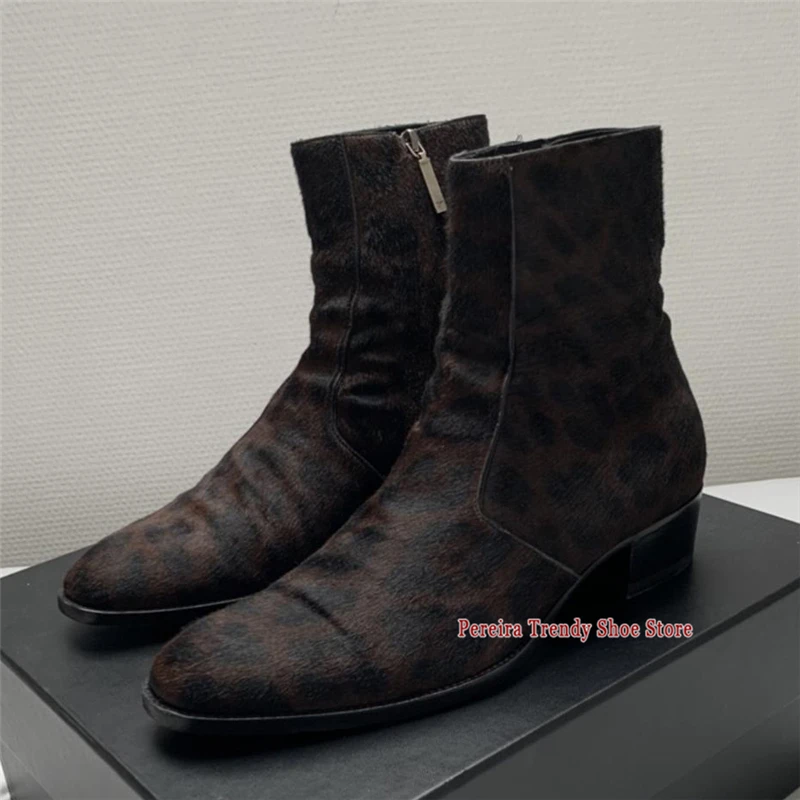 Men's Leopard Print Chelsea Boots Handmade Genuine Leather Side Zipper Mid Heel High Top Boots Autumn Winter Trendy Formal Shoes